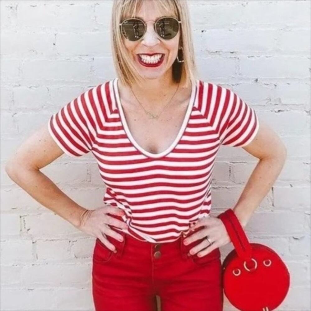 CAbi #5798 Red White Striped Short Sleeve Shrunken Tee Size Small